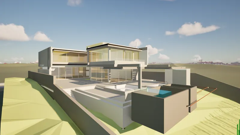 Casa Thiago — Residência unifamiliar em terreno com declive — estrutura, fundações e instalações modeladas e compatibilizadas em BIM.